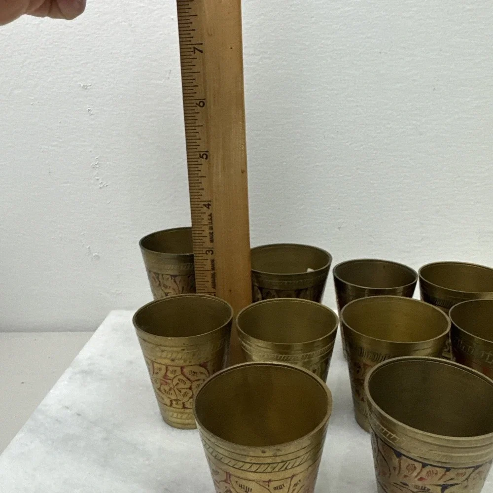 Six Vintage Middle Eastern Engraved Design Metal Chi/Tea Cups